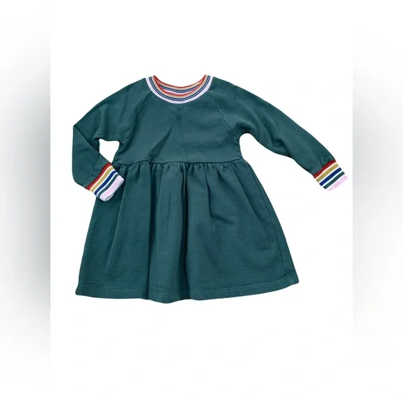 Hanna Andersson Size 90, 3T, Juniper Rainbow Cuff Knit Dress In French Terry - Picture 1 of 6